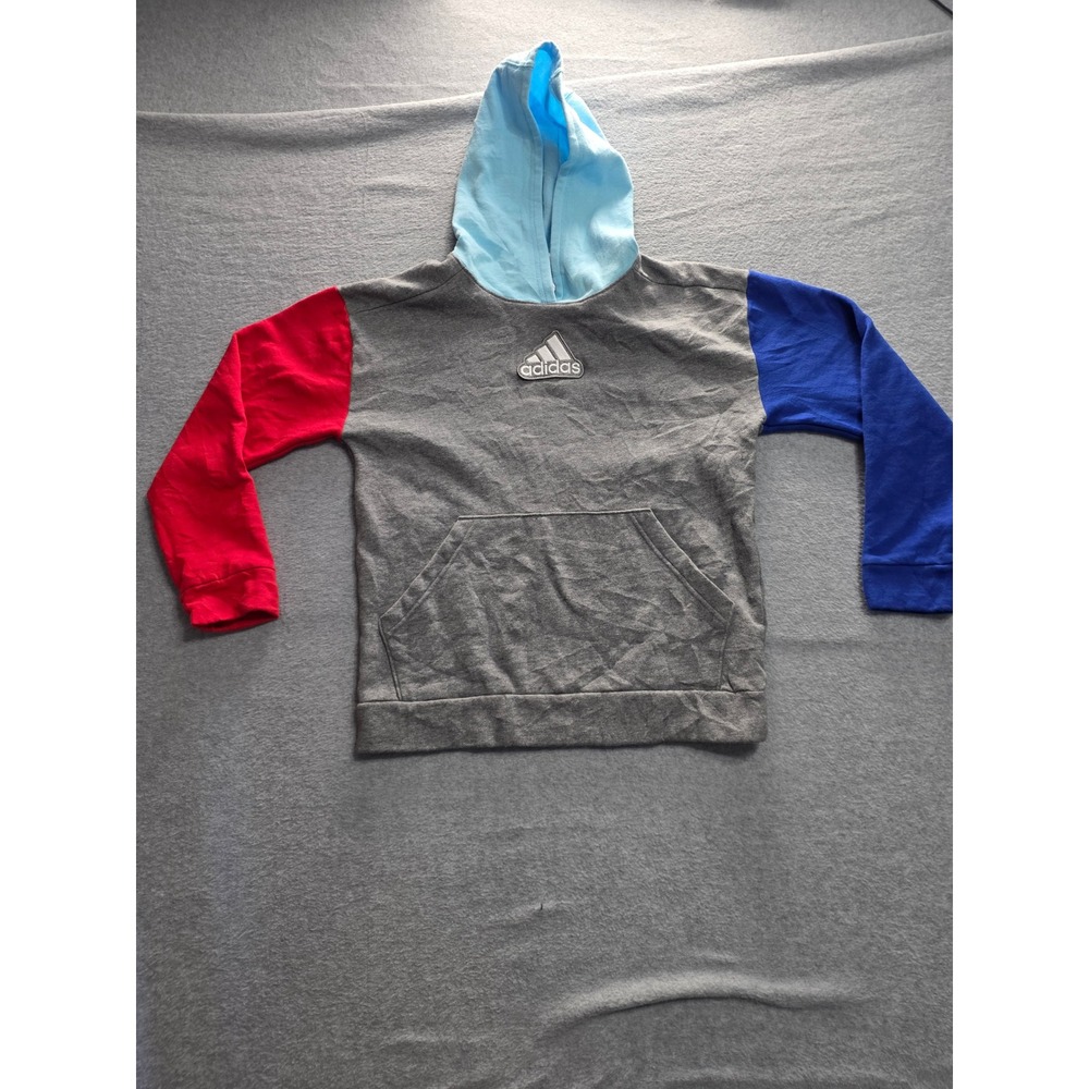 Adidas Boys Colorblock Hoodie Grey Red‎ Blue Fleece Pullover Sweatshirt Size L